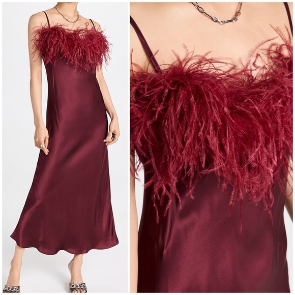 Sleeper Dresses & Skirts - Sleeper Boheme Slip Dress with Feathers Plum satin midi boudoir sz XS